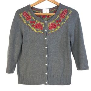 J Jill Gray Embroidered Beaded Rose Cardigan Sweater XS Cotton Blend